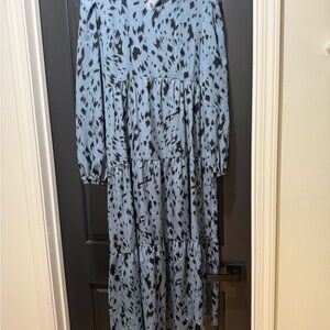 Blue and Black Printed Tiered Maxi Dress